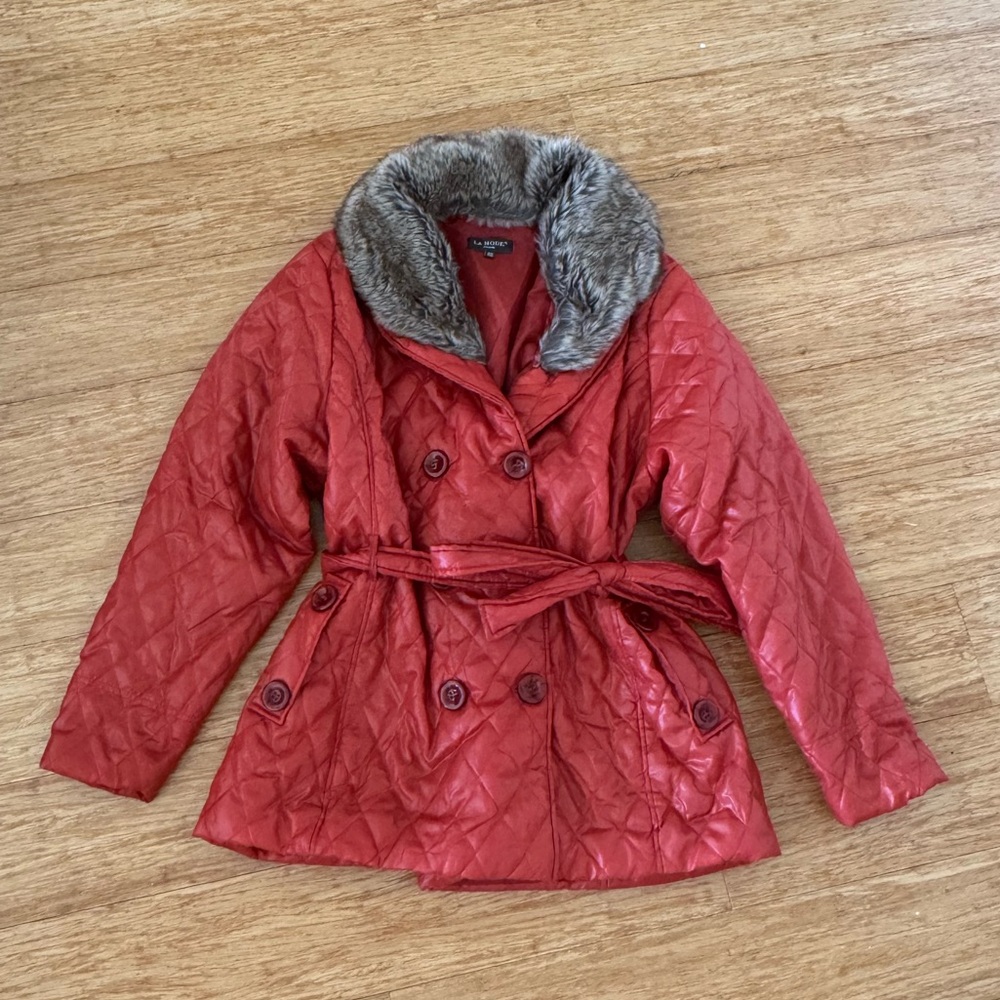 La Mode orange quilted puffer doublebreasted wrap coat with faux fur collar